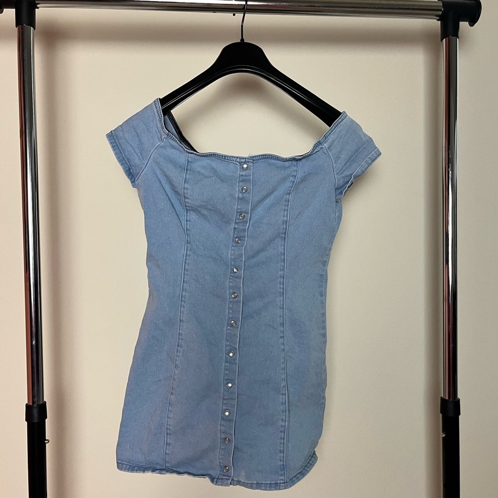 Off the shoulder denim button up dress